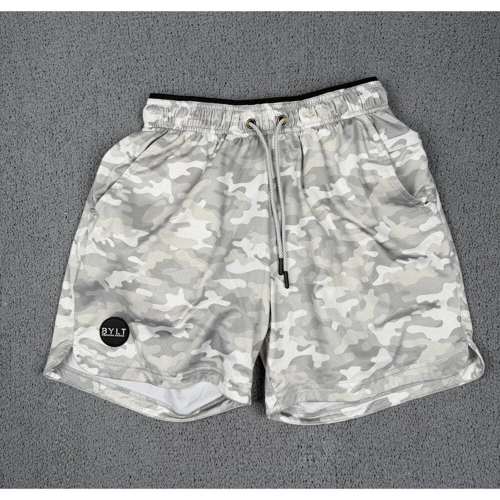 BYLT Shorts Mens Gray Camo Lined Gym Training Wicking Stretch Gym Performance - Picture 1 of 6